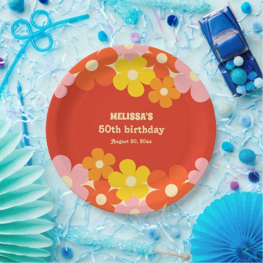 Kleurrijke Retro Sinaasappel Boho Flower 50ste ver Papieren Bordje (Feest)