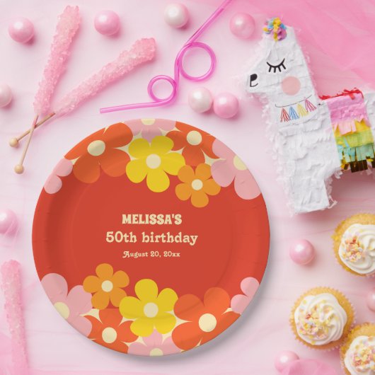 Kleurrijke Retro Sinaasappel Boho Flower 50ste ver Papieren Bordje (Feest)
