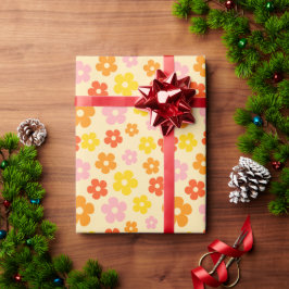 Kleurrijke Retro Sinaasappel Boho Flower Happy Bir Cadeaupapier