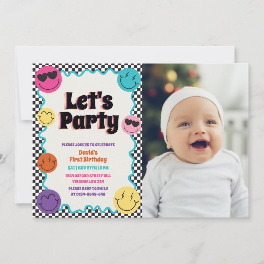 Kleurrijke Retro Smiles Emoji Checker Foto Verjaar Kaart (Voorkant)