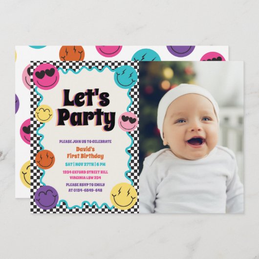 Kleurrijke Retro Smiles Emoji Checker Foto Verjaar Kaart (Voorkant / Achterkant)