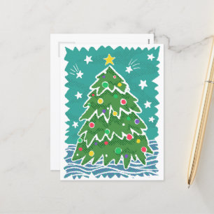 Kleurrijke Retro Stamp Stijl Kerstboom Feestdagenkaart
