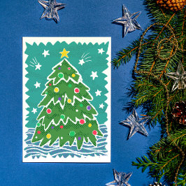 Kleurrijke Retro Stamp Stijl Kerstboom Feestdagenkaart