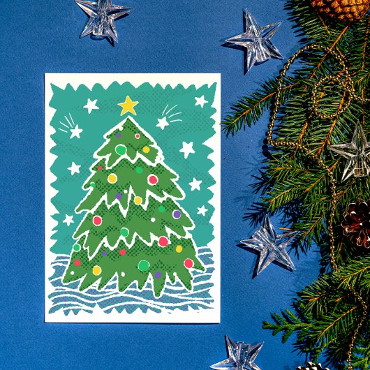 Kleurrijke Retro Stamp Stijl Kerstboom Feestdagenkaart
