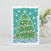 Kleurrijke Retro Stamp Stijl Kerstboom Feestdagenkaart (Staand voorkant)