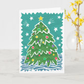 Kleurrijke Retro Stamp Stijl Kerstboom Kaart (Gele Bloem)