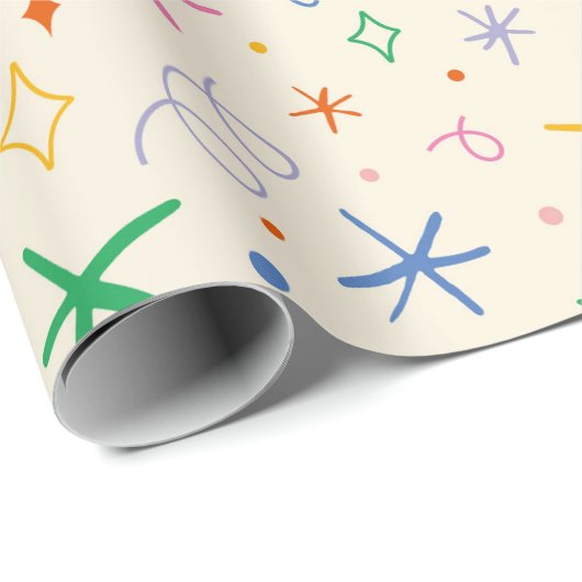 Kleurrijke Retro Starburst en Doodle Patroon Cadeaupapier (Rol Hoek)