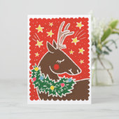 Kleurrijke retro stempel stijl rendier feestdagenkaart (Staand voorkant)