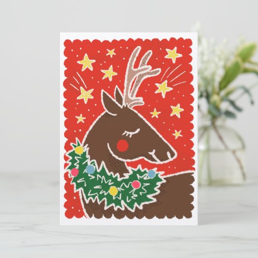Kleurrijke retro stempel stijl rendier feestdagenkaart (Staand voorkant)