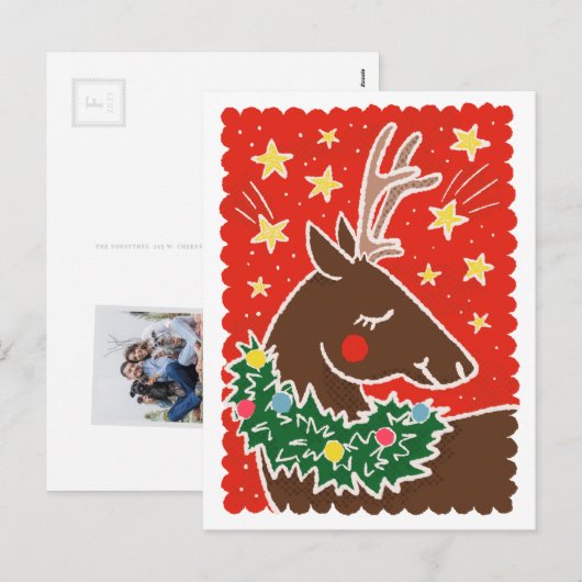 Kleurrijke retro stempel stijl rendier feestdagenkaart (Voorkant / Achterkant)