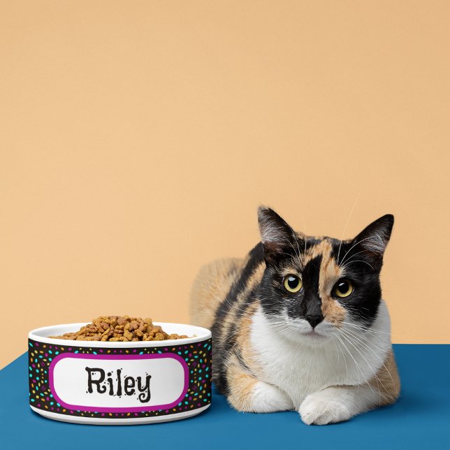 Kleurrijke retro stippen 80s geïnspireerd zwart voerbakje (Creator heeft geüpload)