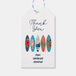Kleurrijke retro surfplanken dank u cadeaulabel