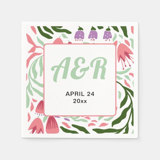 Kleurrijke retro tak, folklore bloemen bruiloft servet (Voorkant)