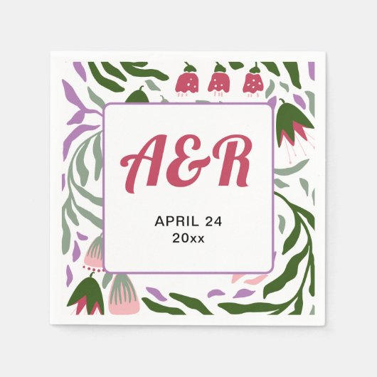 Kleurrijke retro takken met bloemen bruiloft servet (Voorkant)