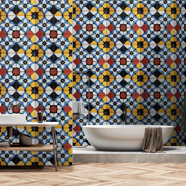 Kleurrijke Retro Tegel Stijl Behang (Badkamer)