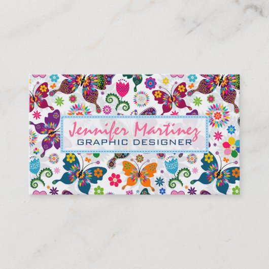 Kleurrijke Retro Vlinders & Bloemen Patroon 2 Visitekaartje (Voorkant)