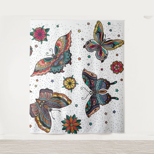 Kleurrijke retro vlinders en bloemen wandkleed (Voorkant)