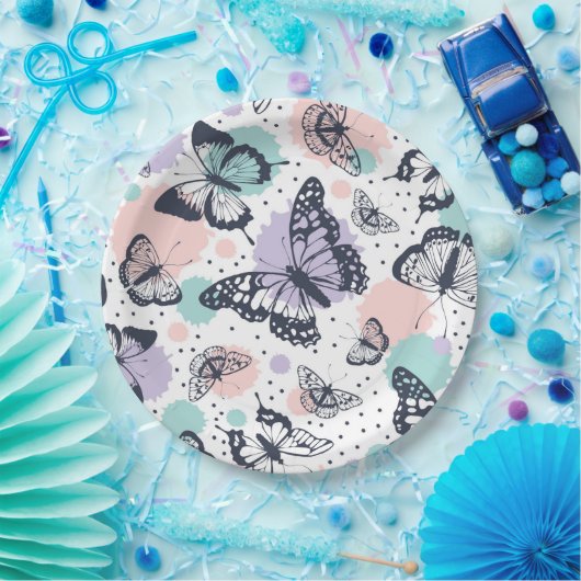 Kleurrijke retro vlinders patroon. papieren bordje (Feest)