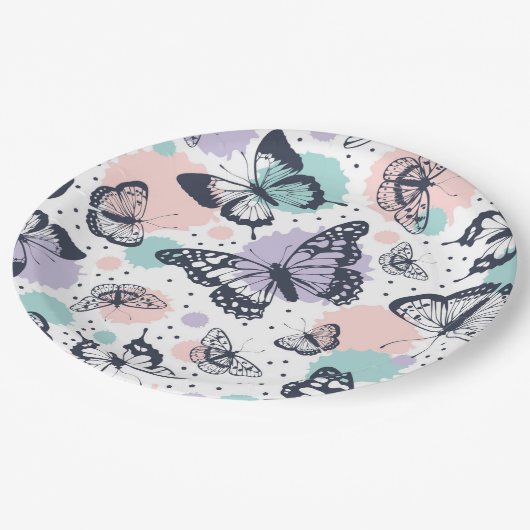 Kleurrijke retro vlinders patroon. papieren bordje (Gekanteld)