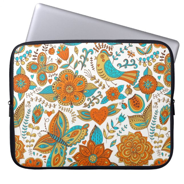 Kleurrijke retro-vogelbloemen en vlinderpatroonpat laptop sleeve (Voorkant)