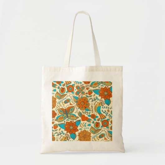 Kleurrijke retro-vogelbloemen en vlinderpatroonpat tote bag (Voorkant)