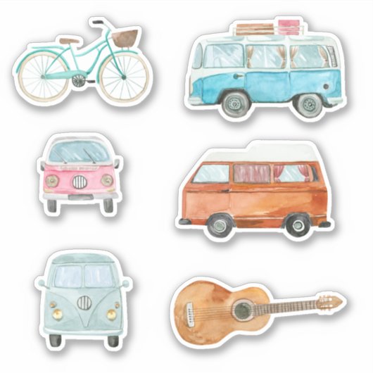 Kleurrijke Retro Waterverf Van Fietsgitaar Sticker (Voorkant)