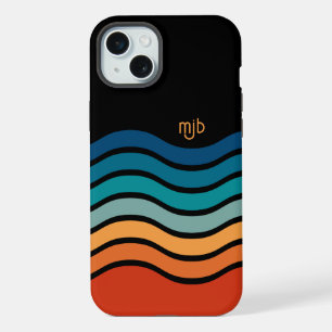 Kleurrijke Retro Wavy Stripes Patroon met Monogram iPhone 15 Plus Case