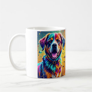Kleurrijke reus blij speelse grappige hond, splash koffiemok