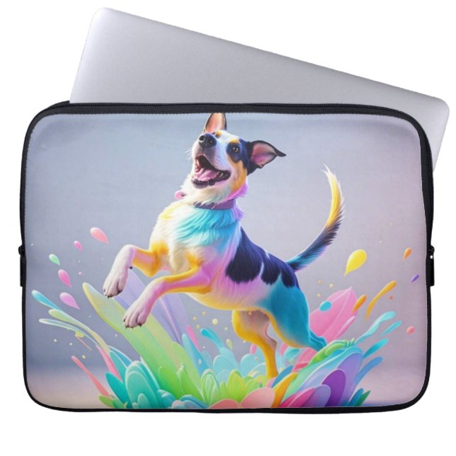 Kleurrijke reus blij speelse grappige hond, splash laptop sleeve (Voorkant)