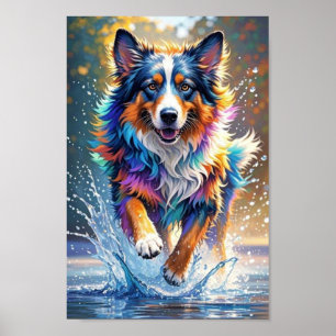 Kleurrijke reus blij speelse grappige hond, splash poster