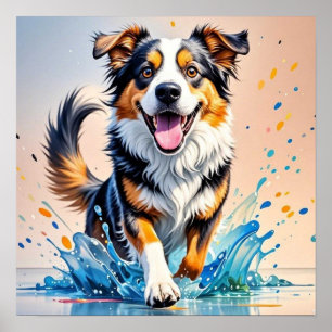 Kleurrijke reus blij speelse grappige hond, splash poster