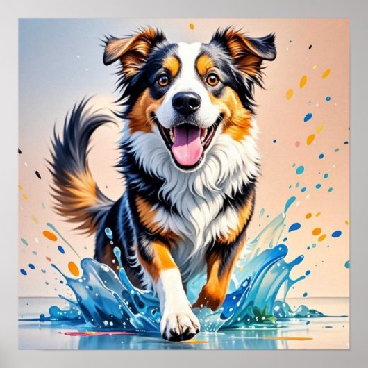 Kleurrijke reus blij speelse grappige hond, splash poster (Voorkant)