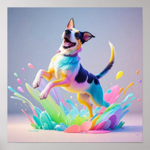 Kleurrijke reus blij speelse grappige hond, splash poster