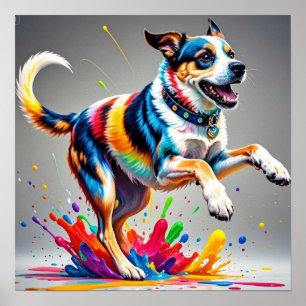 Kleurrijke reus blij speelse grappige hond, splash poster