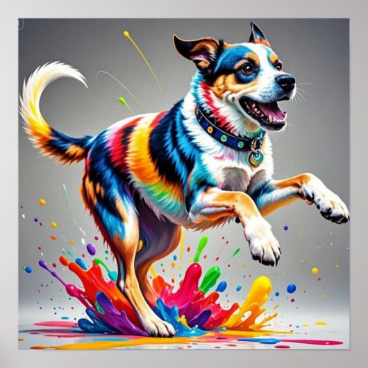 Kleurrijke reus blij speelse grappige hond, splash poster (Voorkant)