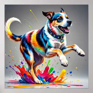 Kleurrijke reus gelukkige speelse grappige hond, poster