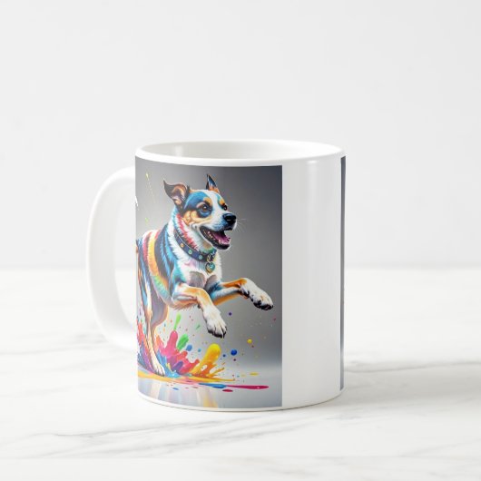 Kleurrijke reus vrolijke speelse grappige hond, koffiemok (Voorkant links)