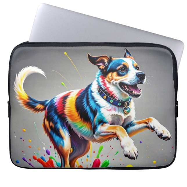 Kleurrijke reus vrolijke speelse grappige hond, laptop sleeve (Voorkant)