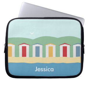 Kleurrijke rij Beach Huts Summer gepersonaliseerd Laptop Sleeve