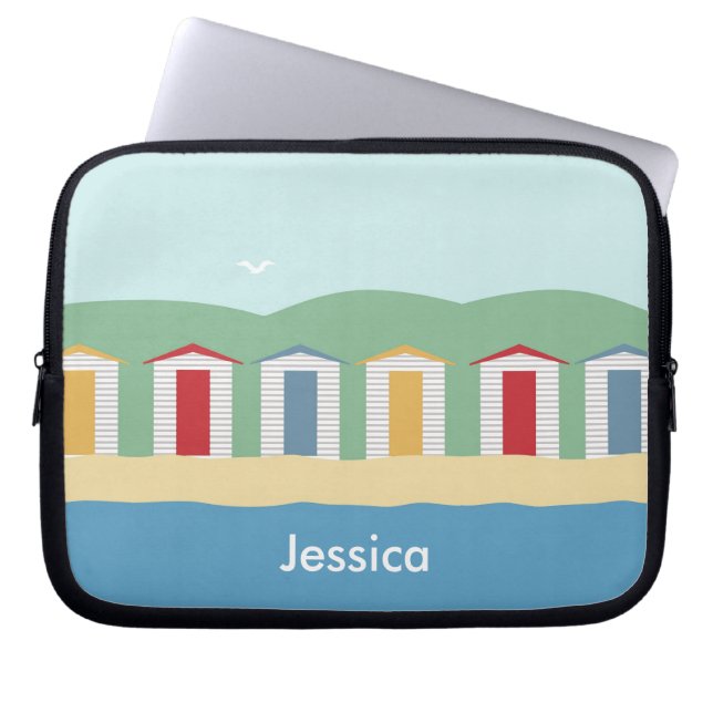 Kleurrijke rij Beach Huts Summer gepersonaliseerd Laptop Sleeve (Voorkant)