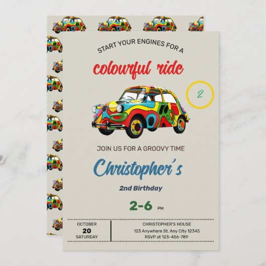 Kleurrijke rit verjaardagsuitnodiging kaart (Voorkant / Achterkant)