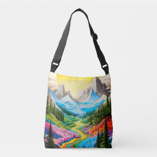 Kleurrijke riviervallei-illustratie crossbody tas