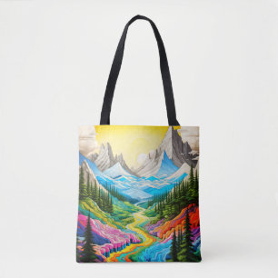 Kleurrijke riviervallei-illustratie tote bag