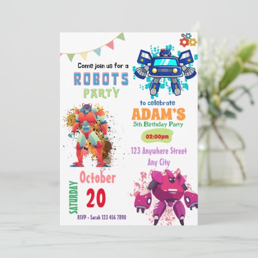 Kleurrijke Robot verjaardagsuitnodigingen Kaart (Staand voorkant)