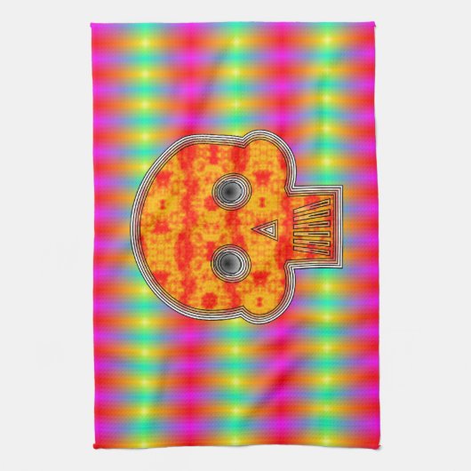 Kleurrijke robots schedel op regenboogachtergrond theedoek (Verticaal)