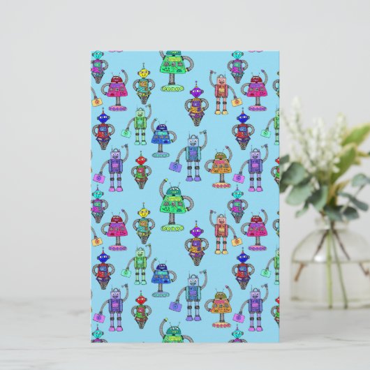 Kleurrijke robots tegen blauwe achtergrond briefpapier (Staand voorkant)