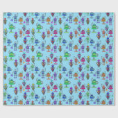 Kleurrijke robots tegen blauwe achtergrond cadeaupapier (Vlak)