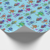 Kleurrijke robots tegen blauwe achtergrond cadeaupapier (Hoek)