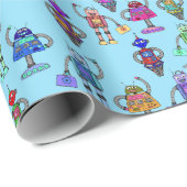 Kleurrijke robots tegen blauwe achtergrond cadeaupapier (Rol Hoek)