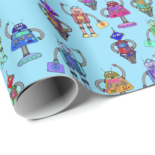 Kleurrijke robots tegen blauwe achtergrond cadeaupapier (Rol Hoek)